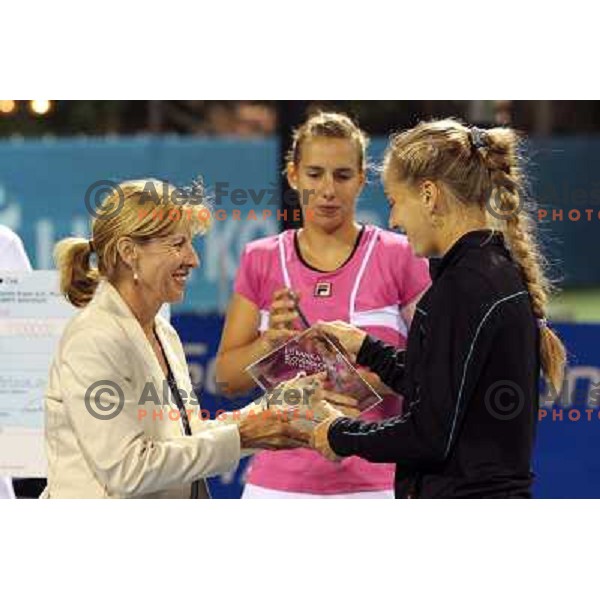 Mima Jausevec, Marina Erakovic of New Zealand and Anna Chakvetadze of Russia at prize giving ceremony after final of the doubles at WTA Banka Koper Slovenia Open tennis tournament, played in SRC Marina, Portoroz, Slovenia on July 24, 2010 