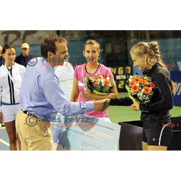 Andrej Bizjak, Marina Erakovic of New Zealand and Anna Chakvetadze of Russia at prize giving ceremony after final of the doubles at WTA Banka Koper Slovenia Open tennis tournament, played in SRC Marina, Portoroz, Slovenia on July 24, 2010 