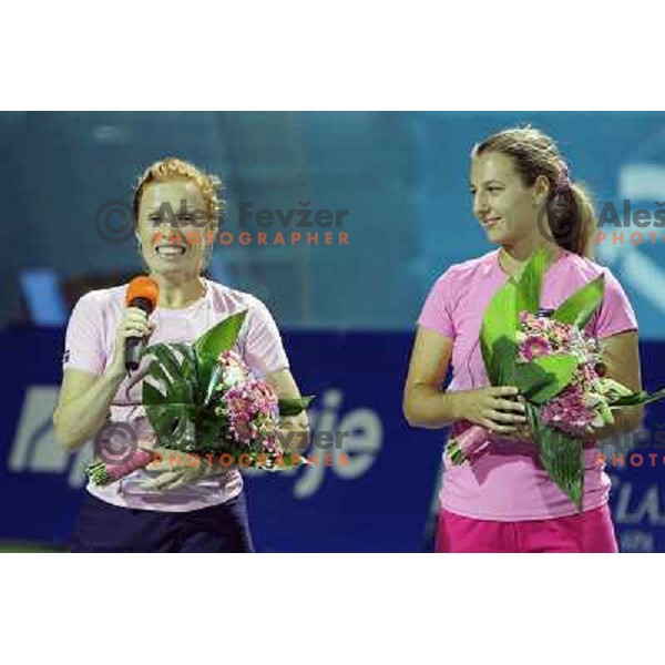 Winners of doubles Vladimira Uhlirova of Czech republic and Maria Kondratieva of Russia in action during final of WTA Banka Koper Slovenia Open tennis tournament, played in SRC Marina, Portoroz, Slovenia on July 24, 2010 
