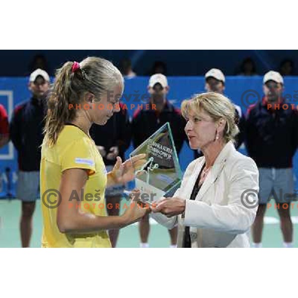 Mima Jausevec gives a trophy to Johanna Larsson of Sweden, runner-up at WTA Banka Koper Slovenia Open tennis tournament , SRC Marina, Portoroz, Slovenia on July 25, 2010 