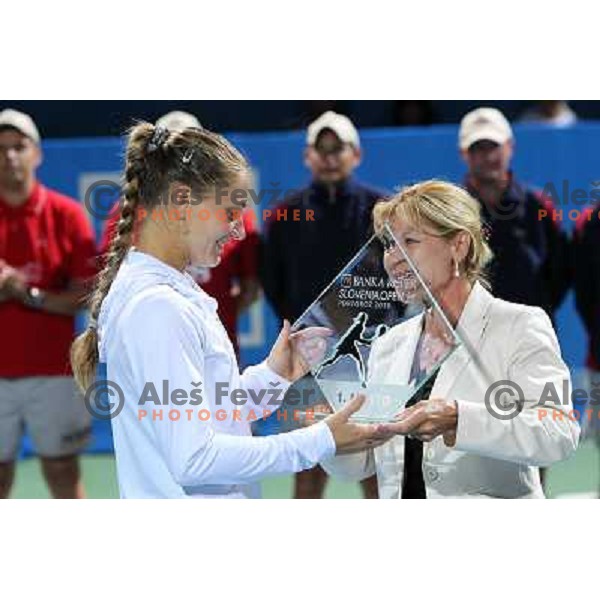 Mima Jausevec gives a trophy to Anna Chakvetadze of Russia ,winner of WTA Banka Koper Slovenia Open tennis tournament, played in SRC Marina, Portoroz, Slovenia on July 25, 2010 
