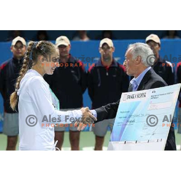 Enzo Savai gives a cheque to Anna Chakvetadze of Russia ,winner of WTA Banka Koper Slovenia Open tennis tournament, played in SRC Marina, Portoroz, Slovenia on July 25, 2010 