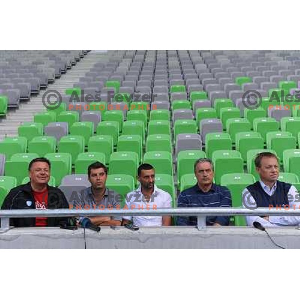 Zoran Jankovic, Jurij Sadar, Bostjan Vuga, Zlatko Sraka, Uros Ogrin at the presentation of the Stozice Football stadium and Stozice sports hall to the media, 07.08.2010, Ljubljana 