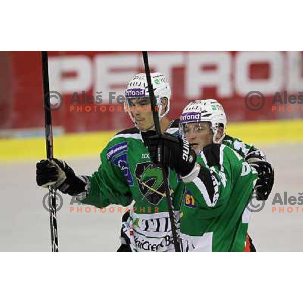 Ziga Pavlin and Damjan Dervaric of Tilia Olimpija in action during preseason friendly ice-hockey match Tilia Olimpija- Medvescak, played in Hala Tivoli, Ljubljana, Slovenia on August 25, 2010 