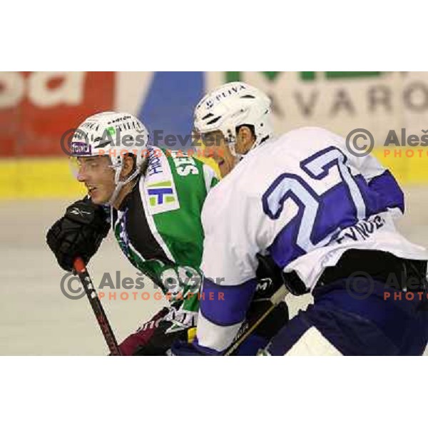 David Sefic of Tilia Olimpija and Scott Reynolds of Medvescak in action during preseason friendly ice-hockey match Tilia Olimpija- Medvescak, played in Hala Tivoli, Ljubljana, Slovenia on August 25, 2010 