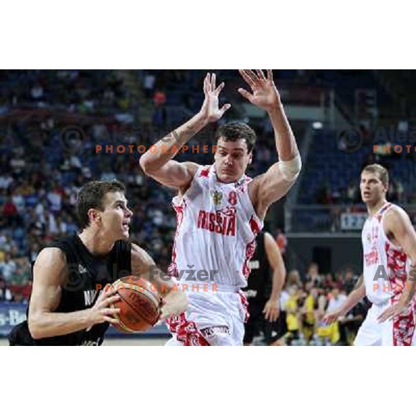Alexander Kaun of Russia and Kirk Penney of New Zealand in action during basketball match Russia-New Zealand in eight-final of FIBA World Championship 2010, played in Sinan Erdem Dome, Istanbul, Turkey on September 6, 2010 