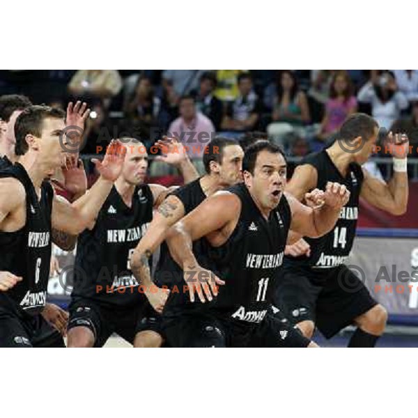 Pero Cameroon and teammates of New Zealand performing haka before basketball match Russia-New Zealand in eight-final of FIBA World Championship 2010, played in Sinan Erdem Dome, Istanbul, Turkey on September 6, 2010 