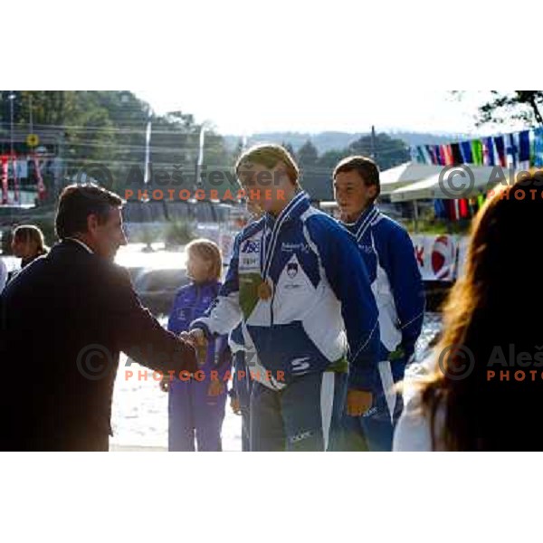 Ursa Kragelj, Nina Mozetic and Eva Tercelj after team race on the stage at world championship in Tacen, Slovenia 9.2010 