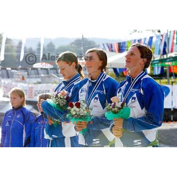 Ursa Kragelj, Nina Mozetic and Eva Tercelj after team race on the stage at world championship in Tacen, Slovenia 9.2010 