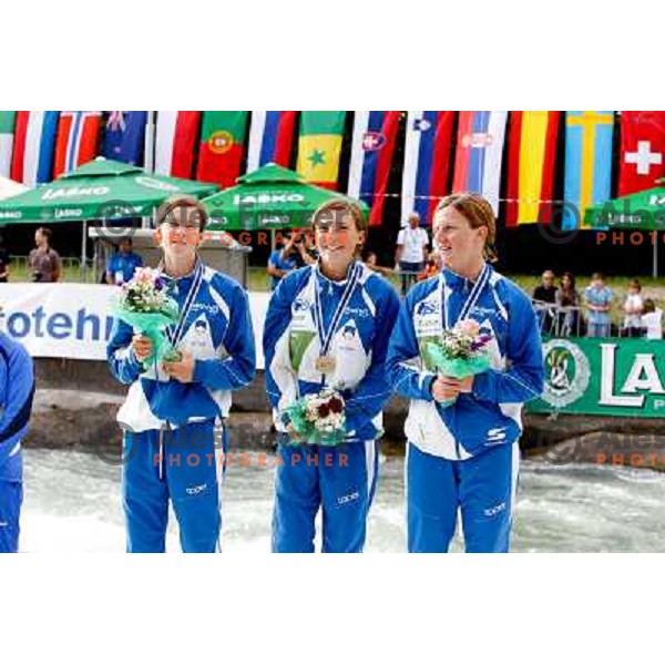 Ursa Kragelj, Nina Mozetic and Eva Tercelj after team race on the stage at world championship in Tacen, Slovenia 9.2010 