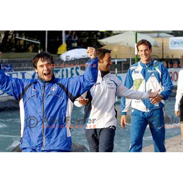 Vavrinec Hradilek CZE finished second, Daniele Molmenti ITA finished first and Jure Meglic SLO finished third at ICF canoe slalom world championships in Tacen, Slovenia 12.9.2010 