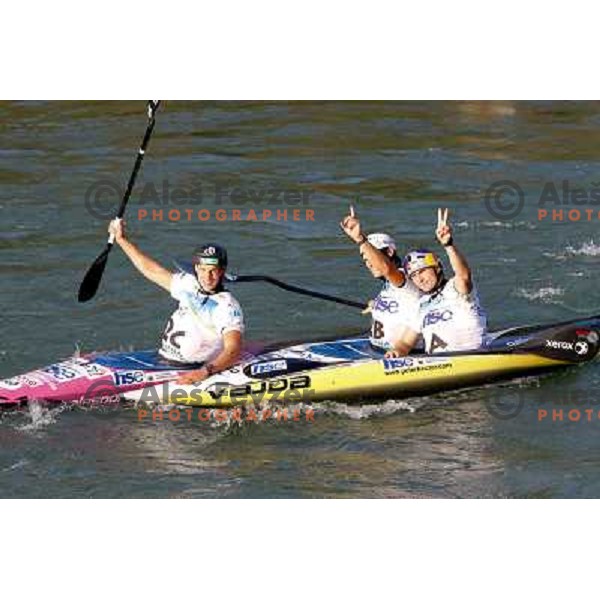 Jure Meglic, Dejan Kralj and Peter Kauzer SLO after the team race at ICF canoe slalom world championships in Tacen, Slovenia 12.9.2010 