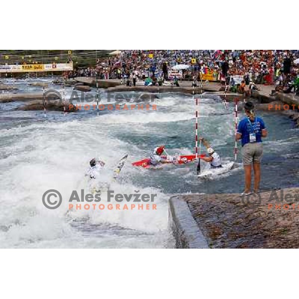 Benjamin Savsek, Jure Lenarcic and Anze Bercic SLO during the team race at ICF canoe slalom world championships in Tacen, Slovenia 12.9.2010 