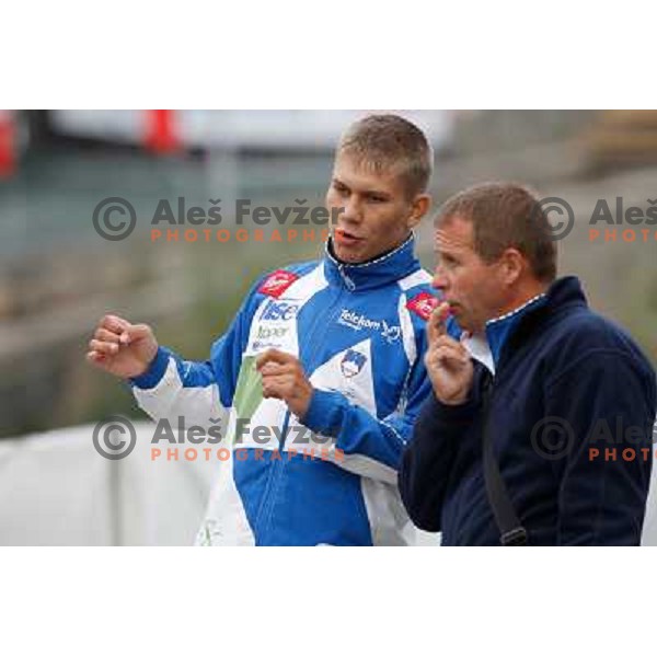 Jure Lenarcic SLO with his coach Joze Vidmar at ICF canoe slalom world championships in Tacen, Slovenia 12.9.2010 