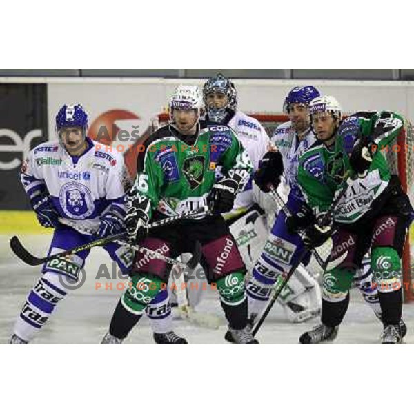 Jure Stopar, Matej Hocevar, Robert Kristan in action during ice-hockey match Tilia Olimpija-KHL Medvescak in round 3 of EBEL league, played in Hala Tivoli, Ljubljana, Slovenia on September 17, 2010 