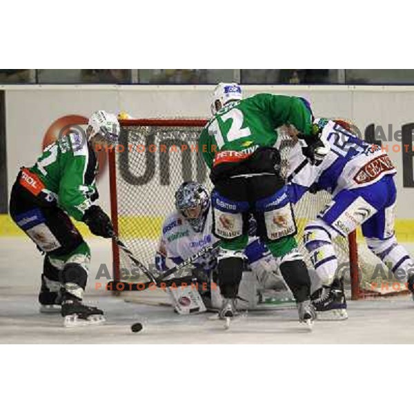 Hughes, Sachl, Kristan in action during ice-hockey match Tilia Olimpija-KHL Medvescak in round 3 of EBEL league, played in Hala Tivoli, Ljubljana, Slovenia on September 17, 2010 