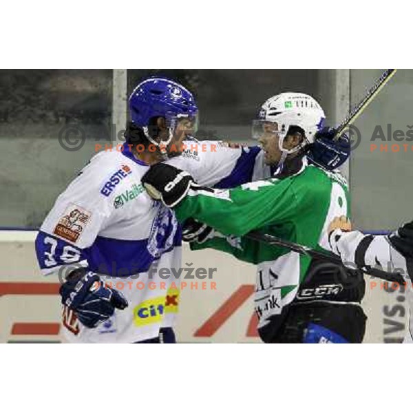 Frank Banham , Andrej Hebar in action during ice-hockey match Tilia Olimpija-KHL Medvescak in round 3 of EBEL league, played in Hala Tivoli, Ljubljana, Slovenia on September 17, 2010 