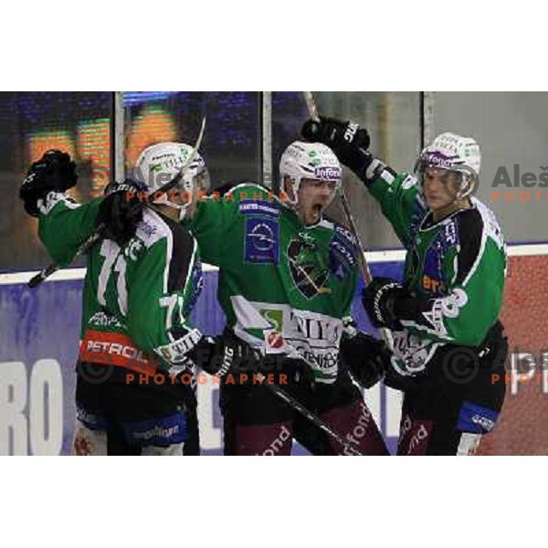 Bostjan Golicic, Anze Ropret, Nejc Berlisk celebrate goal during ice-hockey match Tilia Olimpija-KHL Medvescak in round 3 of EBEL league, played in Hala Tivoli, Ljubljana, Slovenia on September 17, 2010 