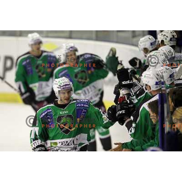 Bostjan Golicic celebrates goal during ice-hockey match Tilia Olimpija-KHL Medvescak in round 3 of EBEL league, played in Hala Tivoli, Ljubljana, Slovenia on September 17, 2010 