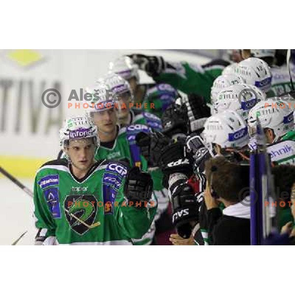 Nejc Berlisk celebrates goal during ice-hockey match Tilia Olimpija-KHL Medvescak in round 3 of EBEL league, played in Hala Tivoli, Ljubljana, Slovenia on September 17, 2010 