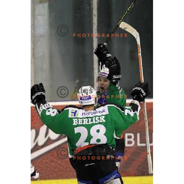 Bostjan Golicic, Nejc Berlisk celebrate goal during ice-hockey match Tilia Olimpija-KHL Medvescak in round 3 of EBEL league, played in Hala Tivoli, Ljubljana, Slovenia on September 17, 2010 