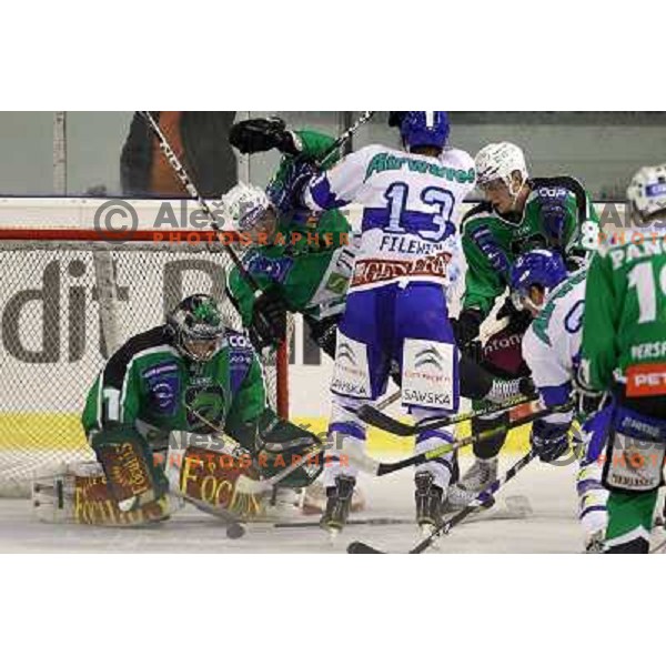 Ales Sila, Igor Cvetek, Nejc Berlisk in action during ice-hockey match Tilia Olimpija-KHL Medvescak in round 3 of EBEL league, played in Hala Tivoli, Ljubljana, Slovenia on September 17, 2010 