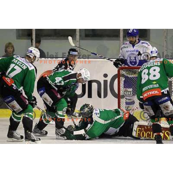 Ales Sila, Kevin Kantee in action during ice-hockey match Tilia Olimpija-KHL Medvescak in round 3 of EBEL league, played in Hala Tivoli, Ljubljana, Slovenia on September 17, 2010 