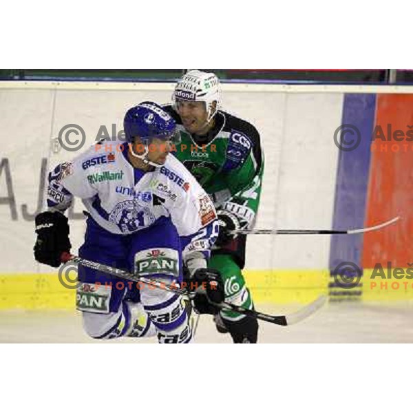 Alan Letang, Petr Sachl in action during ice-hockey match Tilia Olimpija-KHL Medvescak in round 3 of EBEL league, played in Hala Tivoli, Ljubljana, Slovenia on September 17, 2010 