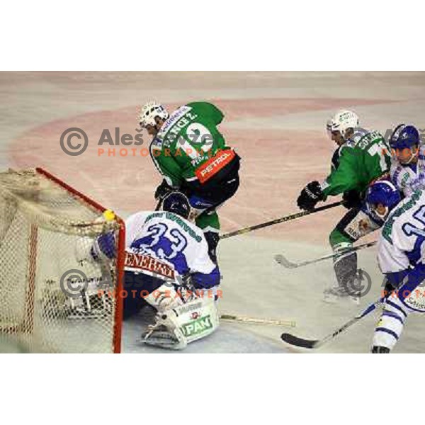 Robert Kristan, Ziga Pance in action during ice-hockey match Tilia Olimpija-KHL Medvescak in round 3 of EBEL league, played in Hala Tivoli, Ljubljana, Slovenia on September 17, 2010 