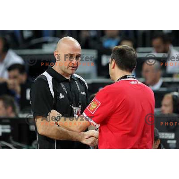 Nenad Vucinic, coach of New Zealand and David Blatt, Coach of Russia in action during basketball match Russia-New Zealand in eight-final of FIBA World Championship 2010, played in Sinan Erdem Dome, Istanbul, Turkey on September 6, 2010 