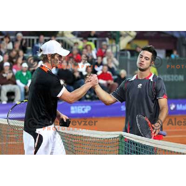 Blaz Kavcic of Slovenia and Matteo Trevisan of Italy during first round of BMW Ljubljana Open on ATP Challenger Tour, played in SC Ljubljana on September 21, 2010 