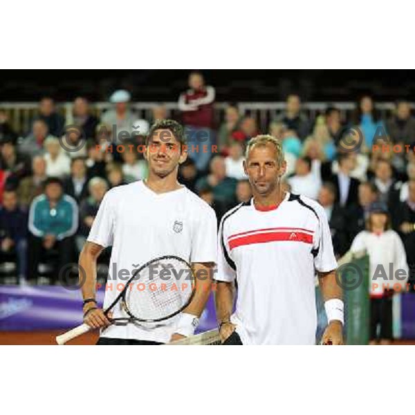 Blaz Puc of Slovenia and Thomas Muster of Austria during first round of BMW Ljubljana Open on ATP Challenger Tour, played in SC Ljubljana on September 21, 2010 