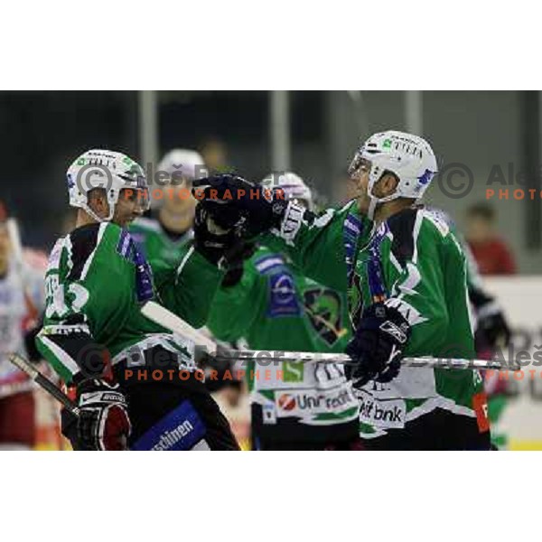 Petr Sachl, Kevin Kantee of Tilia Olimpija celebrate goal during ice-hockey match Tilia Olimpija- Acroni Jesenice in round 6 of EBEL league, played in Hala Tivoli, Ljubljana, Slovenia on September 26, 2010 