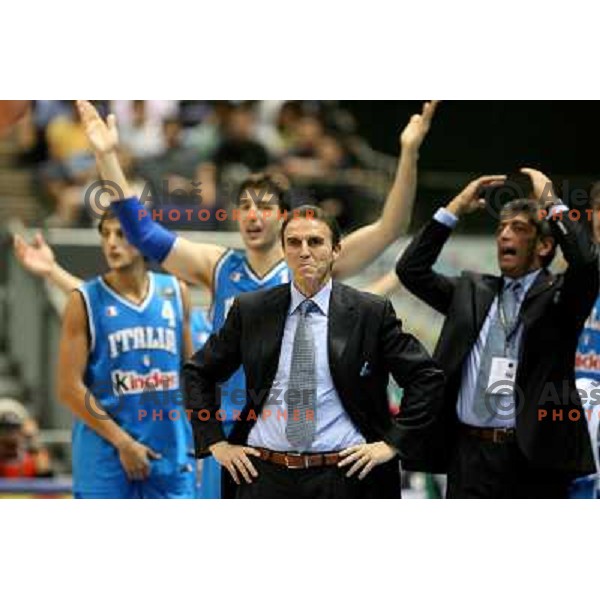 Carlo Recalcati, head coach of Italy and players at the bench react on wrong referees decision
