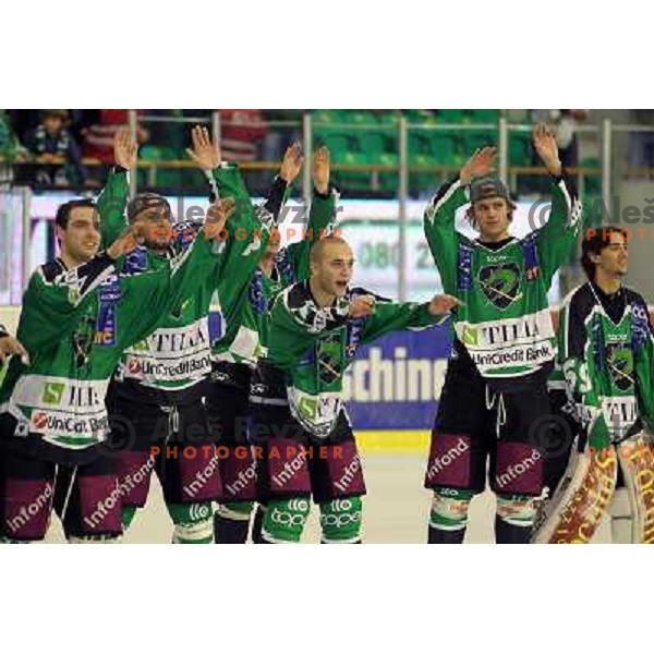 Igor Cvetek, David Sefic of Tilia Olimpija salute to the fans after ice-hockey match Tilia Olimpija- Acroni Jesenice in round 6 of EBEL league, played in Hala Tivoli, Ljubljana, Slovenia on September 26, 2010 