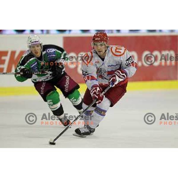 Matevz Erman of Acroni Jesenice in action during ice-hockey match Tilia Olimpija- Acroni Jesenice in round 6 of EBEL league, played in Hala Tivoli, Ljubljana, Slovenia on September 26, 2010 