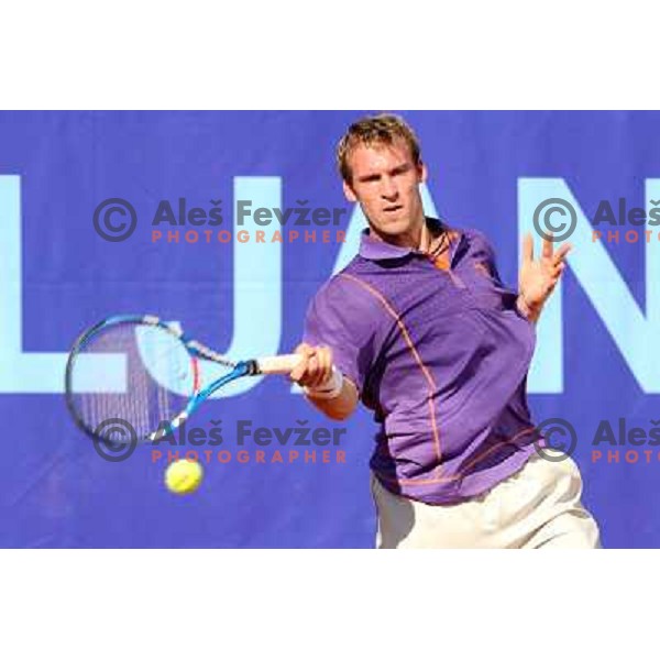 Grega Zemlja of Slovenia in action during first round of BMW Ljubljana Open on ATP Challenger Tour, played in SC Ljubljana on September 21, 2010 