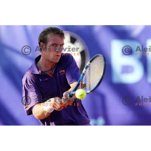 Grega Zemlja of Slovenia in action during first round of BMW Ljubljana Open on ATP Challenger Tour, played in SC Ljubljana on September 21, 2010 