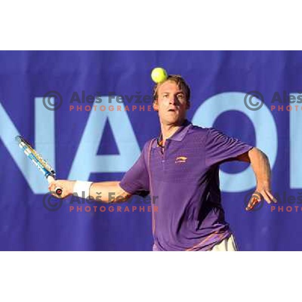 Grega Zemlja of Slovenia in action during first round of BMW Ljubljana Open on ATP Challenger Tour, played in SC Ljubljana on September 21, 2010 