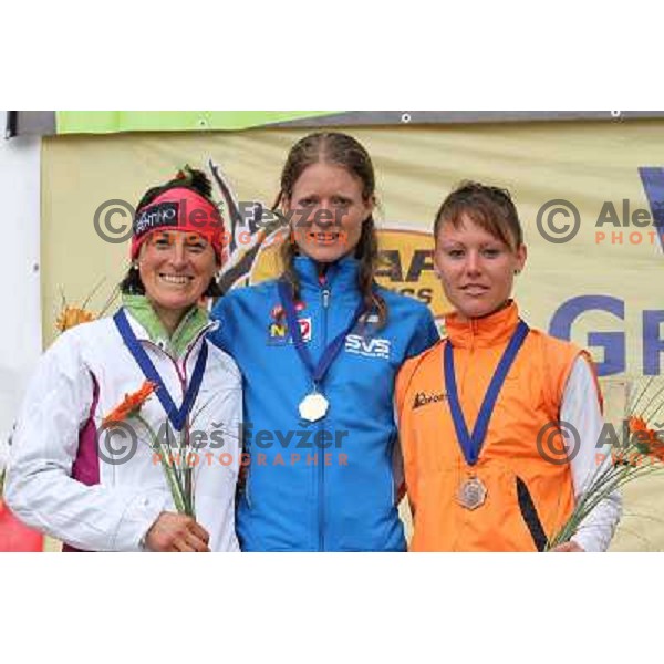 Antonella Confortola of Italy, Andrea Mayr of Austria winner of 31. Smarna gora mountain race and Mateja Kosovelj of Slovenia at WMRA Grand Prix- Final, Ljubljana on October 2, 2010 