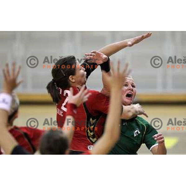 Spela Oklescen of Olimpija and Dragana Cvijic of Krim Mercator in action during handball match Olimpija-Krim Mercator in round 4 of National Championships, played in Hala Tivoli, Ljubljana, Slovenia on October 6, 2010 