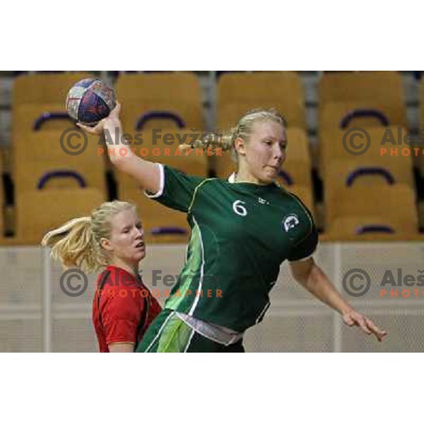 Ekaterina Ceckova of Olimpija and Sanja Gregorc of Krim Mercator in action during handball match Olimpija-Krim Mercator in round 4 of National Championships, played in Hala Tivoli, Ljubljana, Slovenia on October 6, 2010 