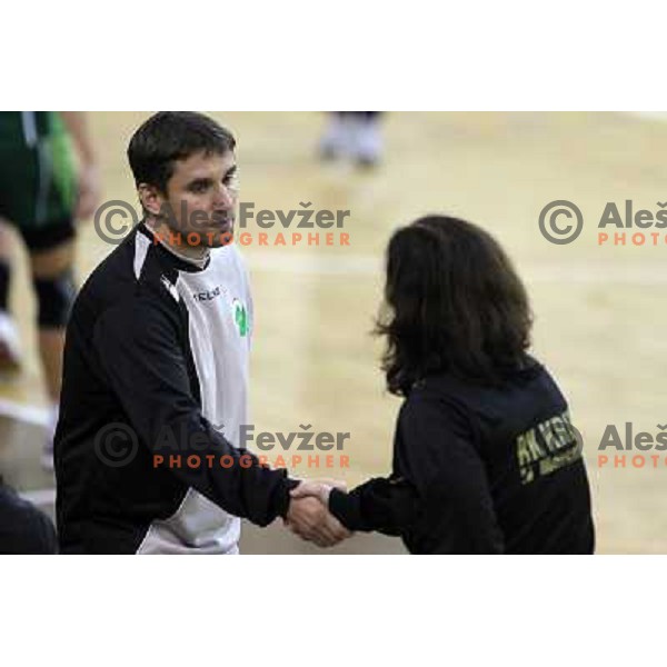 Robert Begus, coach of Olimpija and Marta Bon, coach of Krim Mercator in action during handball match Olimpija-Krim Mercator in round 4 of National Championships, played in Hala Tivoli, Ljubljana, Slovenia on October 6, 2010 