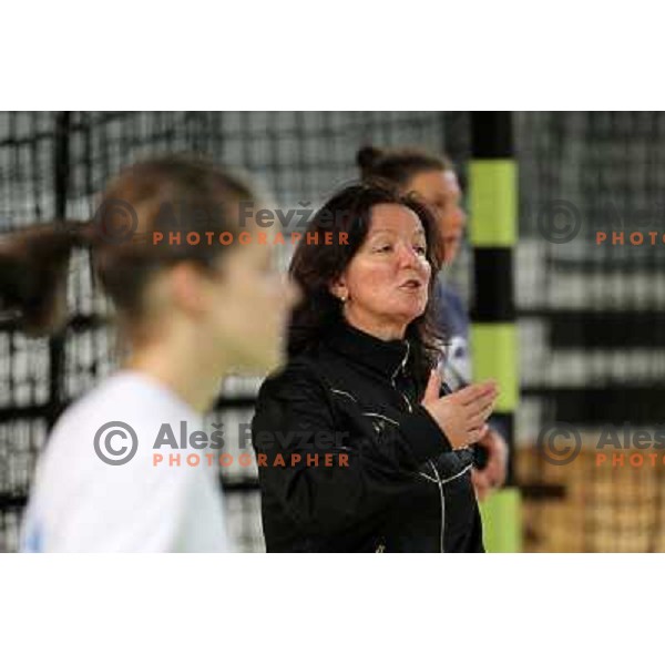Marta Bon and players of RK Krim Mercator during practice session open for the press in practice court of Stozice Hall, Ljubljana, Slovenia on October 8, 2010 