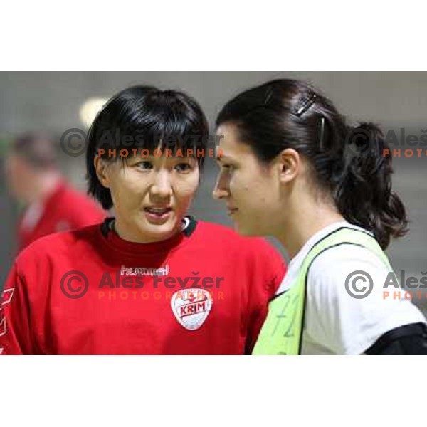 Bodnieva and Lekic- players of RK Krim Mercator during practice session open for the press in practice court of Stozice Hall, Ljubljana, Slovenia on October 8, 2010 