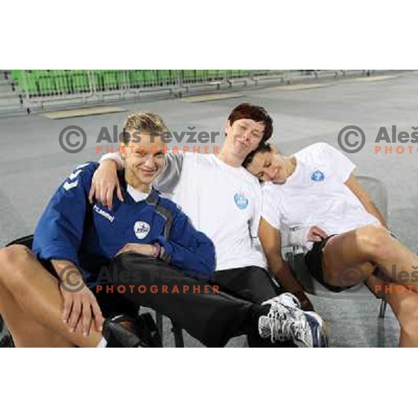Barbara Varlec, Sergeja Stefanisin and Andrea Lekic- players of RK Krim Mercator during practice session open to the press in practice court of Stozice Hall, Ljubljana, Slovenia on October 8,2010 