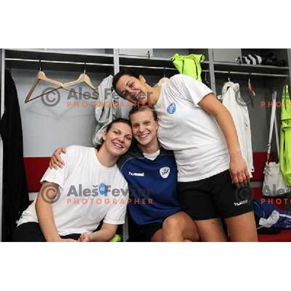 Dragana Cvijic, Barbara Varlec, Andrea Lekic- players of RK Krim Mercator during practice session open to the press in practice court of Stozice Hall, Ljubljana, Slovenia on October 8,2010 