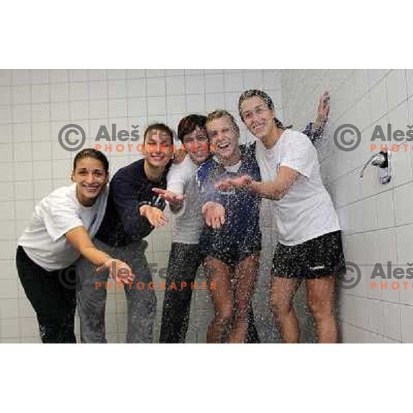 Andrea Penezic, Sergeja Stefanisin, Jelena Grubisic, Barabra Varlec, Andrea Lekic- players of RK Krim Mercator during practice session open to the press in practice court of Stozice Hall, Ljubljana, Slovenia on October 8,2010 