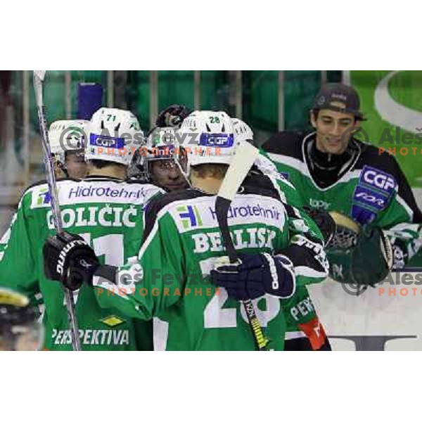Tilia Olimpija players celebrate goal during ice-hockey match Tilia Olimpija- EC Graz 99ers in Ebel league, played in Hala Tivoli,Ljubljana, Slovenia on October 10,2010 