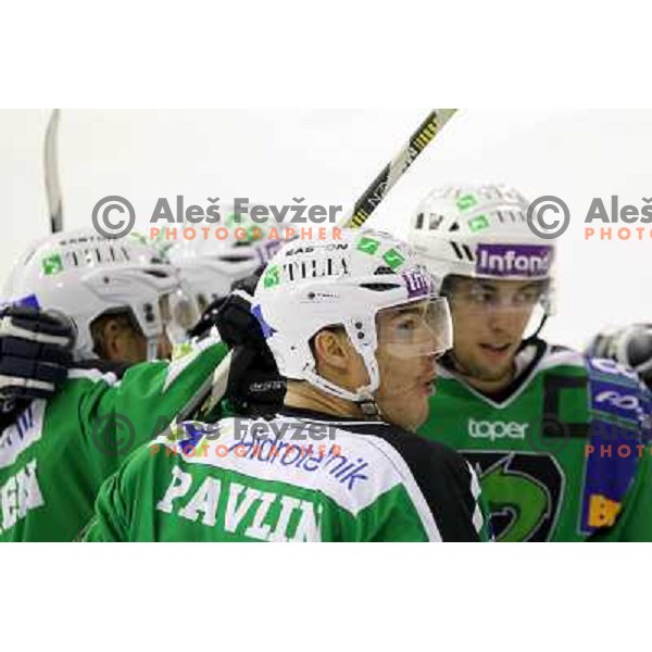 Ziga Pavlin, Ziga Pance and Tilia Olimpija players celebrate goal during ice-hockey match Tilia Olimpija- EC Graz 99ers in Ebel league, played in Hala Tivoli,Ljubljana, Slovenia on October 10,2010 